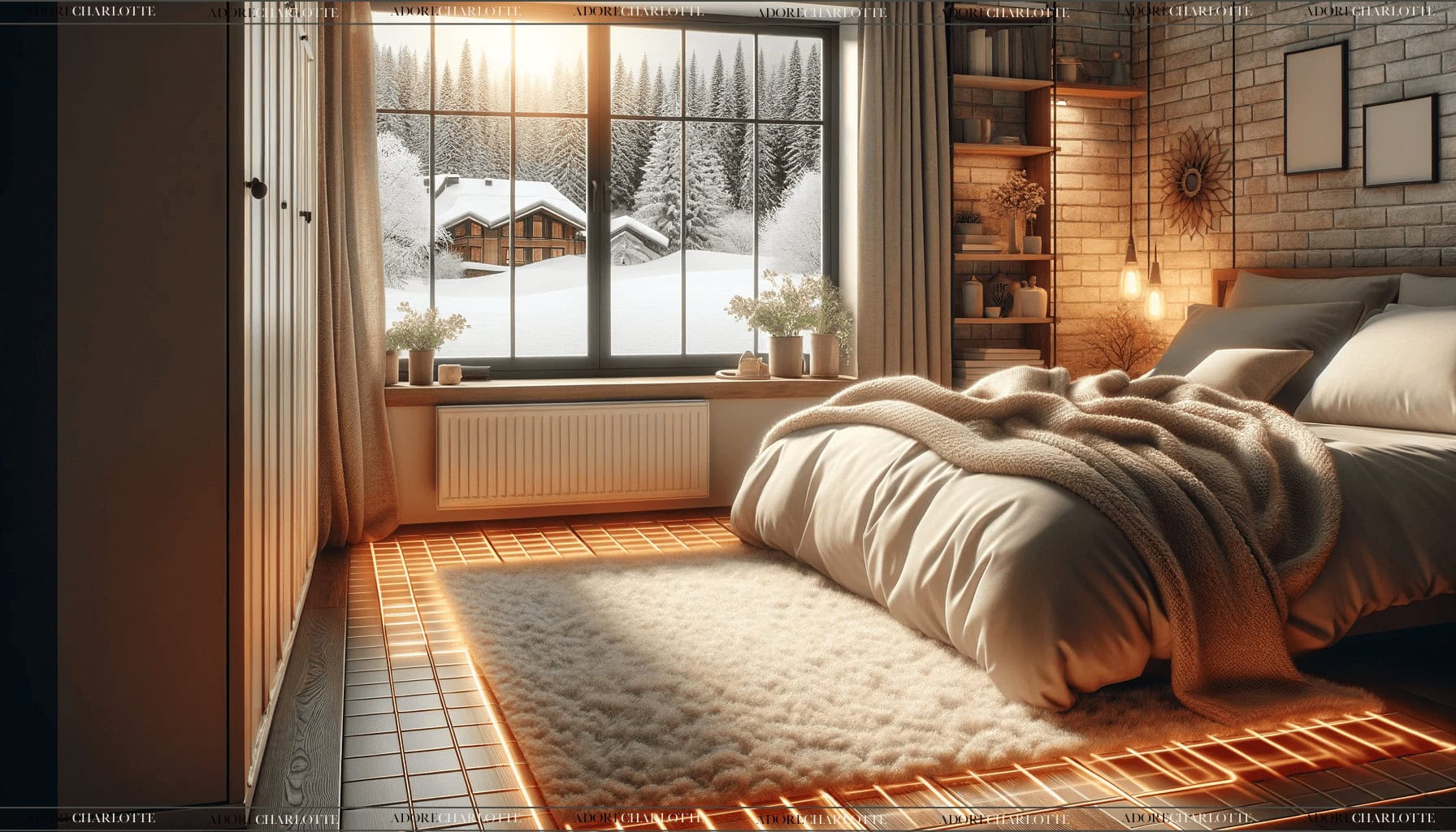 Home Ambiance Temperature & Airflow A cosy and well-organiSed bedroom with underfloor heating, showcasing a soft rug, a bed with warm blankets, and a window displaying a snowy landscape outside, contrasting with the room's warm interior.