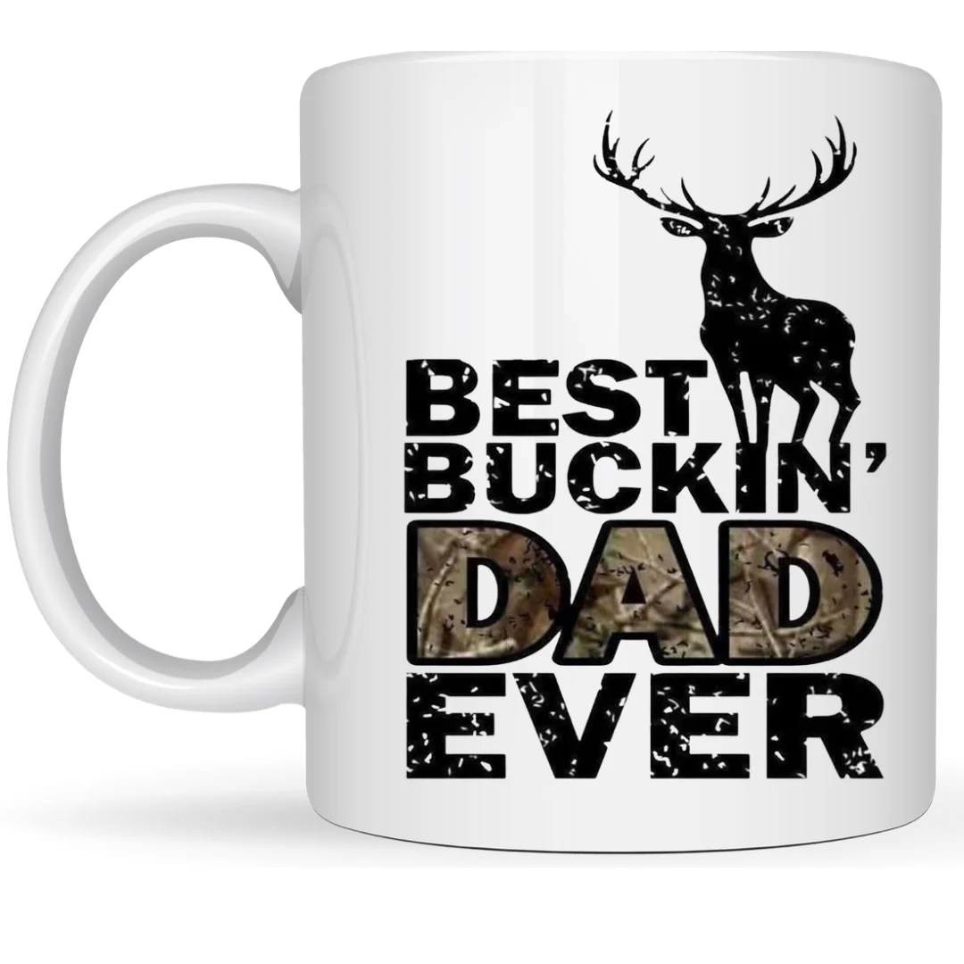 The Best Buckin Dad Custom Mug showcases a white base with a deer silhouette and bold camouflage DAD text, making it the perfect gift for any outdoorsy father.