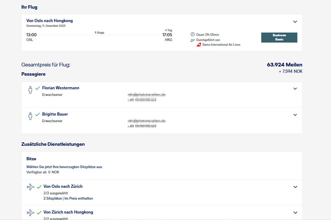 Screenshot einer Flugbuchung bei Miles and More mit Meilen