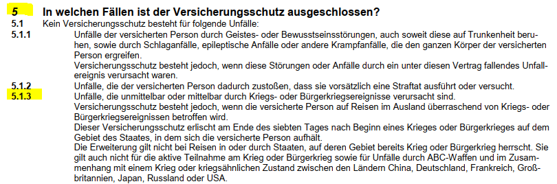 Krieg auf der Welt - Leistungsaussage der NV Unfallversicherung 1