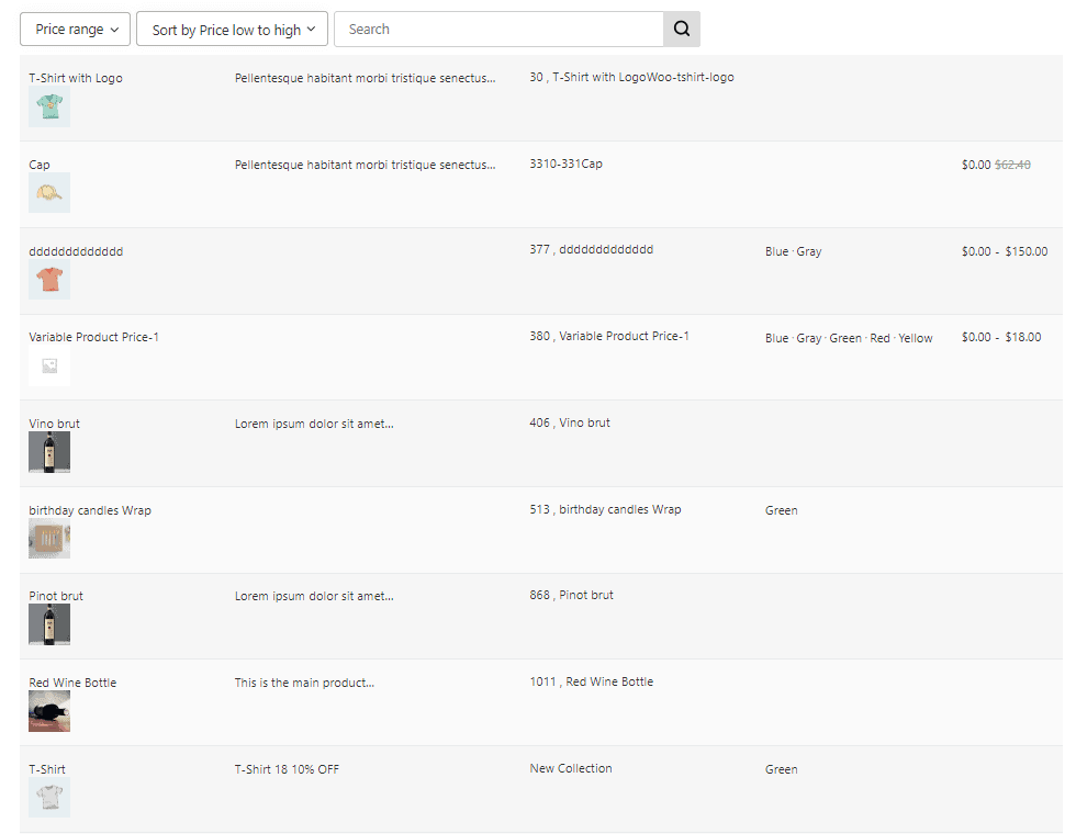 Result look of features design in product table plugin