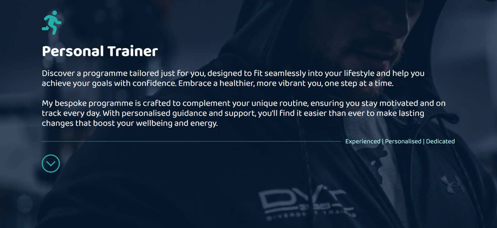 Visit website Image of a personal trainer in a tracksuit at a gym.