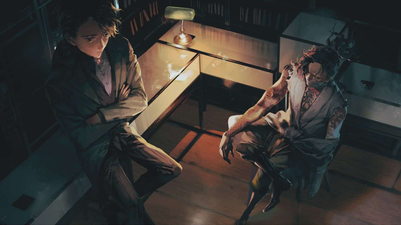 Mato_Anomalies_10001 Un homme et une femme en vêtements élégants discutent dans une pièce sombre, avec un éclairage chaud venant d'une lampe de bureau, créant une atmosphère mystérieuse et sophistiquée.