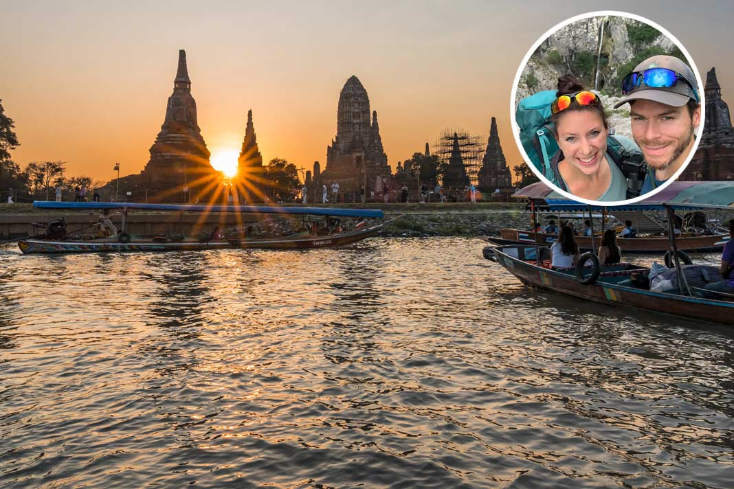 Die Reiseexperten Biggi Bauer und Florian Westermann vor einer Landschaft in Thailand