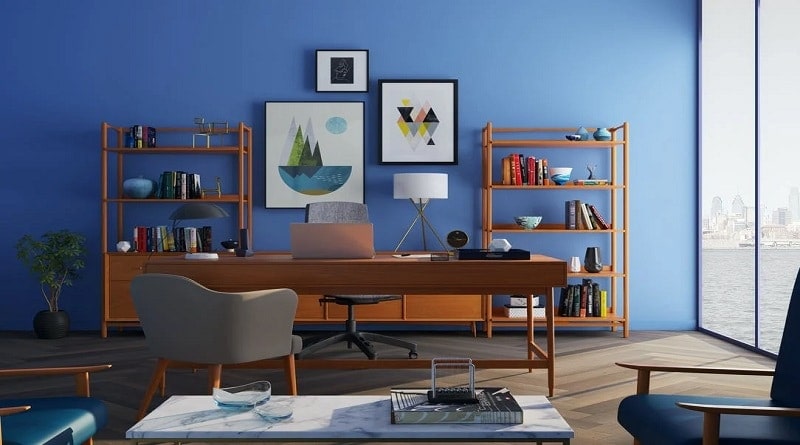 Simple Ways To Improve Your Décor / Home office with blue walls, and sleek furniture