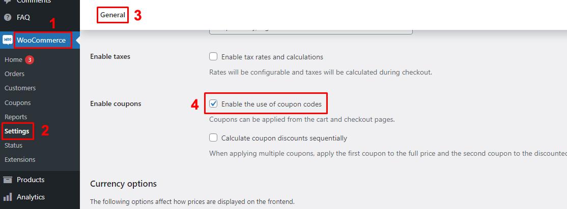 select enable coupon option in settings menu WooCommerce
