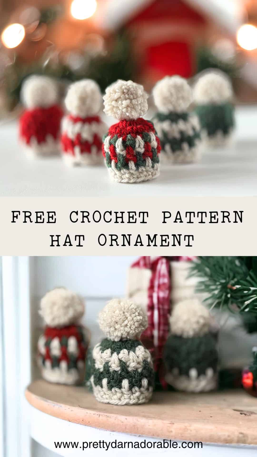 three mini crochet hat ornaments for christmas in red green and white
