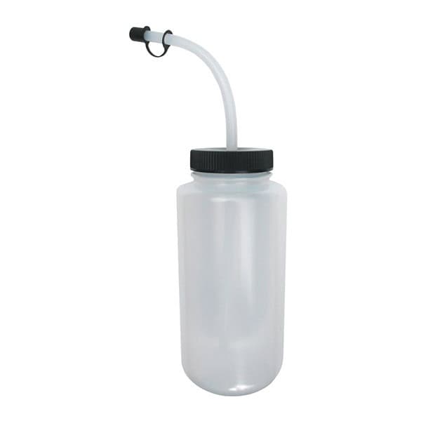 The AR Water Bottle Curved Straw is a clear plastic bottle featuring a black screw cap and a curved dispensing tube.