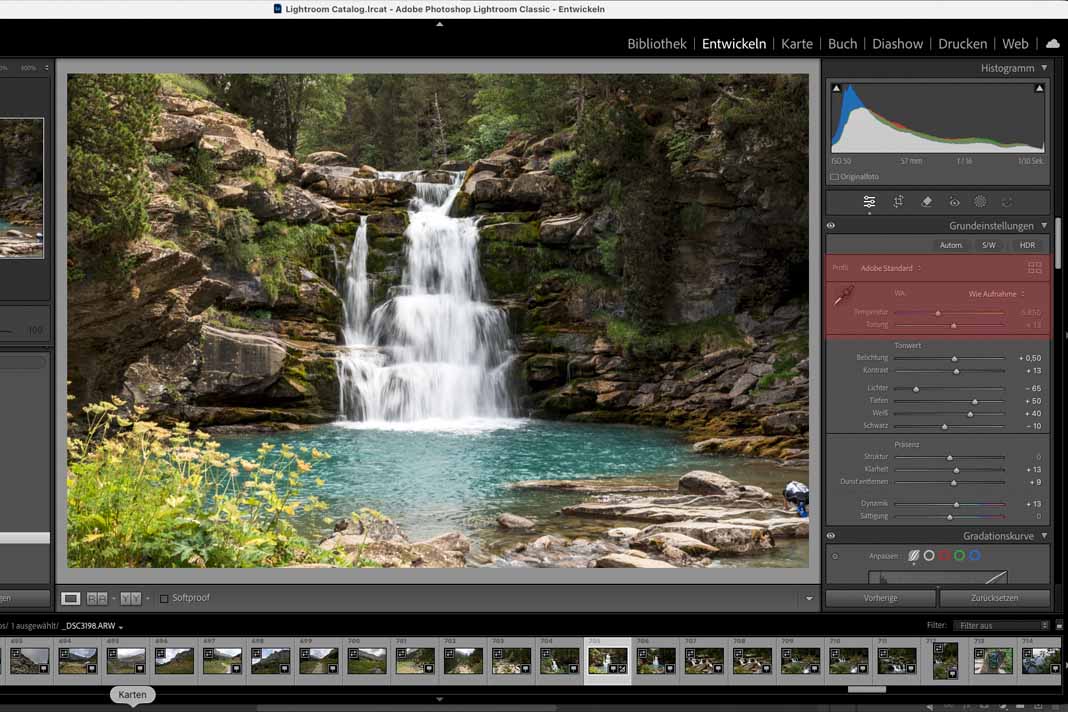 Wasserfall in der Benutzeroberfläche von Adobe Lightroom, Weißabgleich hervorgehoben