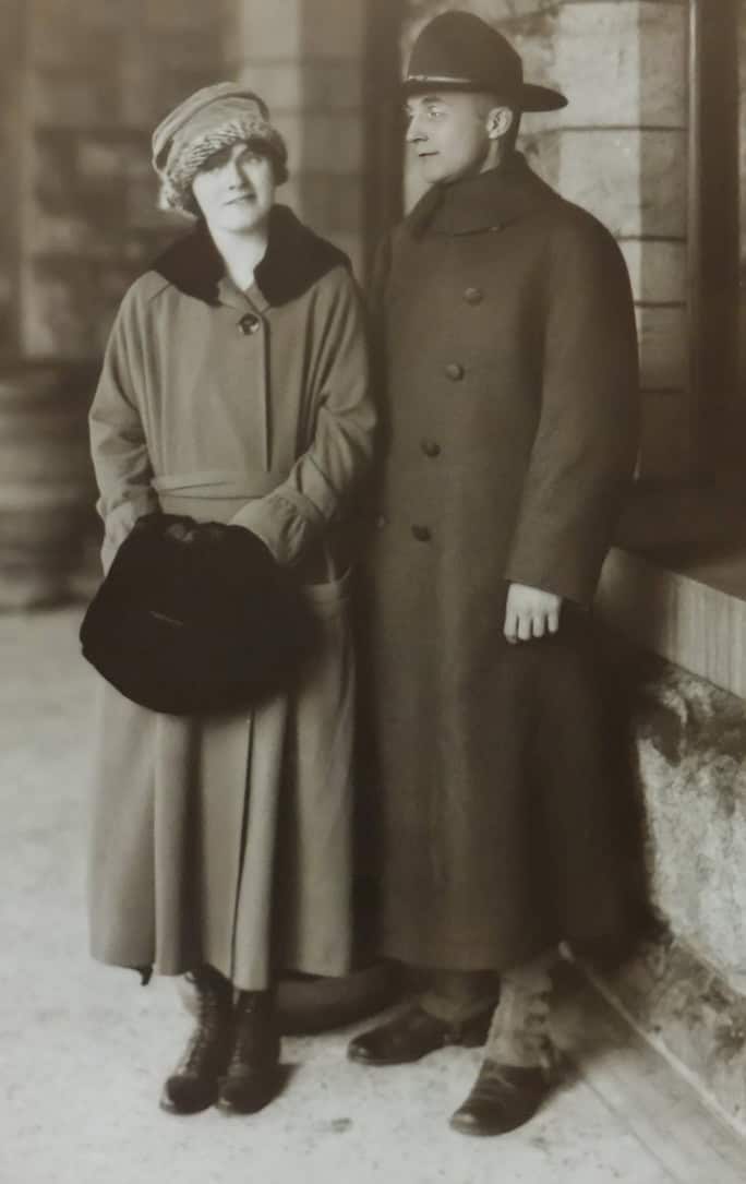 Ellinor and JDJr Victorian-era man and woman in period clothing, standing indoors at The History Museum, showcasing historical fashion and social customs from the 19th century.
