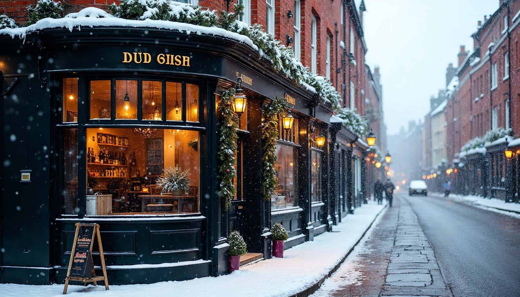 globe boss dublin services (2) Snow falling on a charming, festive British street with a pub.