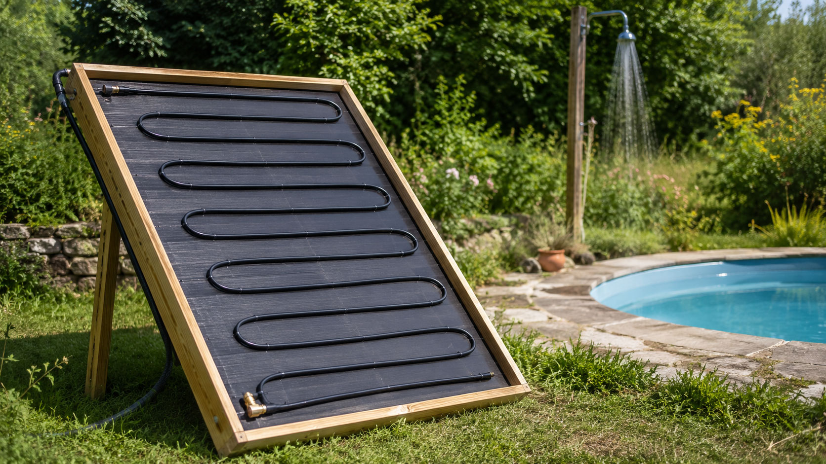 Ein selbst gebauter Solarkollektor aus schwarzem Schlauch erwärmt das Wasser für Pool oder Gartendusche allein mit Sonnenenergie.