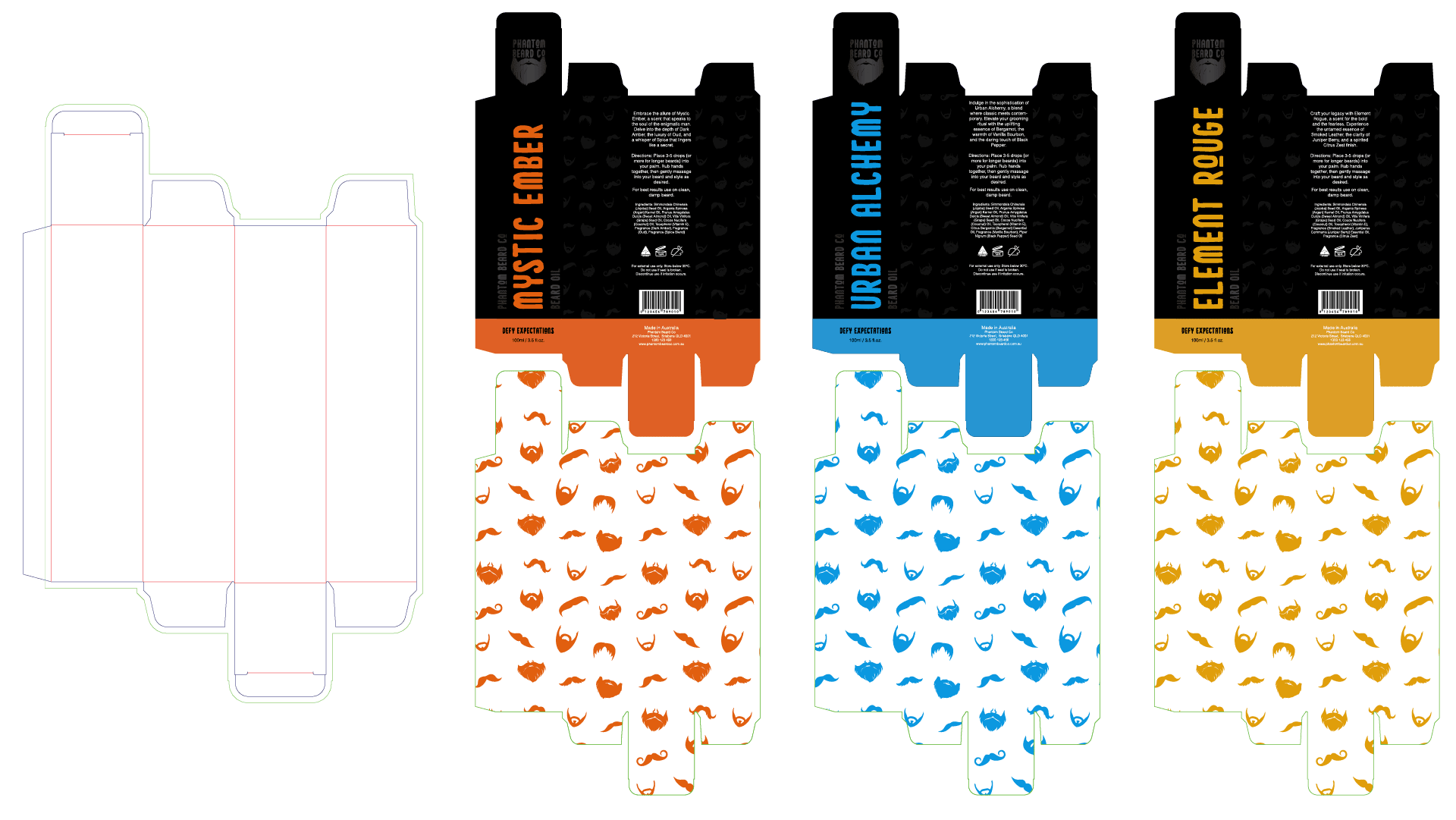 Phantom Beard Co 3 Die-line layout for Phantom Beard Co. packaging with interior beard and mustache patterns.