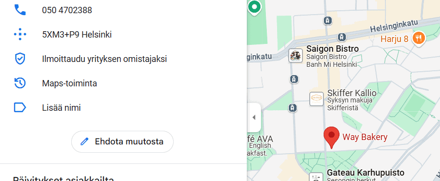 Kuinka saada arvosteluja Googlessa? Yrityksesi täytyy löytyä Googlesta! Mikäli sitä ei ole lisätty, et voi saada arvioita Google Mapsiin.
Kuvassa näytetään, kuinka voit ilmoittautua yrityksen omistajaksi Google Mapsissa.