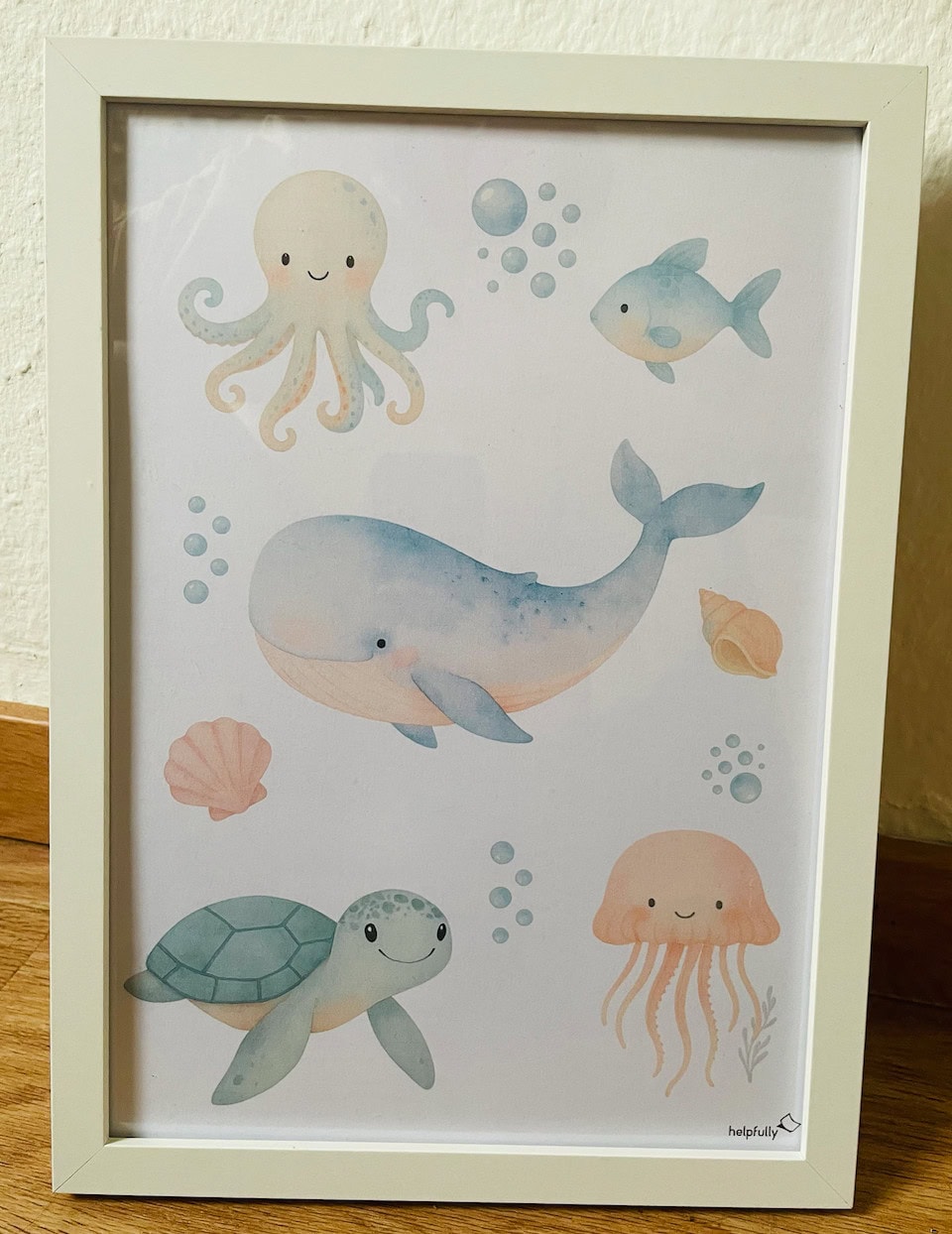 Süße Deko fürs Babyzimmer zum Ausdrucken als A4 Vorlage mit Unterwassertieren im Aquarellstyle