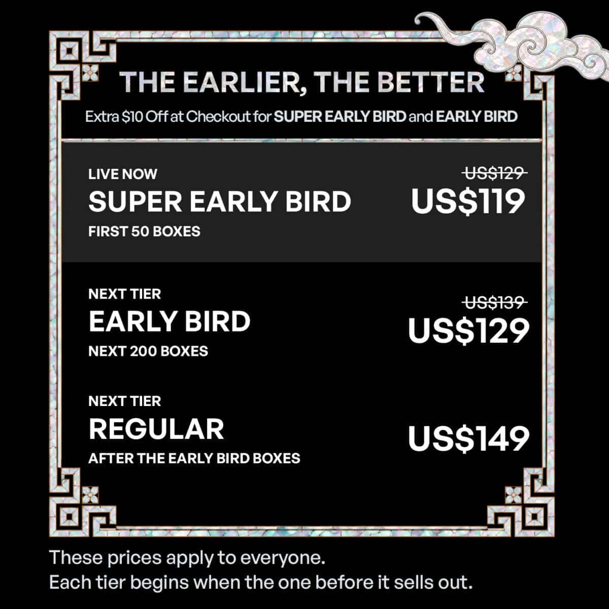 SkinSeoul advent calendar launch tiers: Super Early Bird, Early Bird and Regular