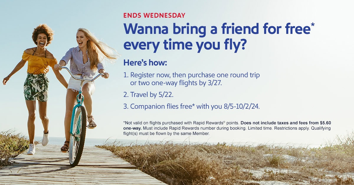 Southwest’s Companion Pass Promo for flights from August 5, 2024 to October 2, 2024