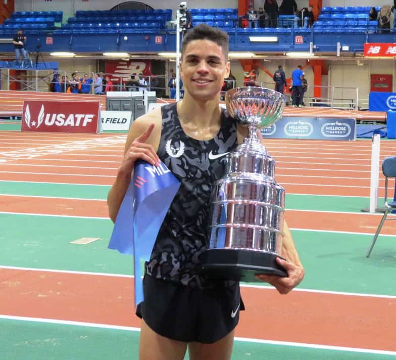 PHOTO: Matthew Centrowitz celebrating after winning the 2016 NYRR Wanamaker Mile in a personal best 3:50.63 (photo by Jane Monti for Race Results Weekly)