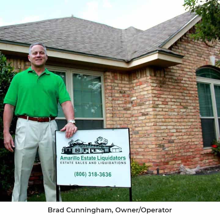 ama_estate_liquidators_brad_large Brad Cunningham standing in front of home with Amarillo Estate Liquidators Sign
