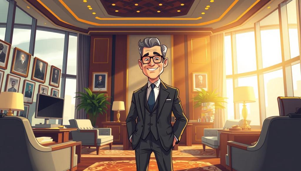 A wealthy businessman stands confidently in his lavish office, surrounded by opulent furnishings and sleek, modern decor. His tailored suit and confident posture convey a sense of power and success. The light streams in through large windows, casting a warm glow on the scene and highlighting the details of his impressive career accomplishments displayed on the walls. The atmosphere is one of achievement, ambition, and the culmination of a life's work. The composition is balanced, with the subject positioned in the center, drawing the viewer's attention to his commanding presence. This image captures the essence of "Robert Geiss' Karriere" - the rise of a self-made millionaire, a story of determination and entrepreneurial success. A wealthy businessman stands confidently in his lavish office, surrounded by opulent furnishings and sleek, modern decor. His tailored suit and confident posture convey a sense of power and success. The light streams in through large windows, casting a warm glow on the scene and highlighting the details of his impressive career accomplishments displayed on the walls. The atmosphere is one of achievement, ambition, and the culmination of a life's work. The composition is balanced, with the subject positioned in the center, drawing the viewer's attention to his commanding presence. This image captures the essence of "Robert Geiss' Karriere" - the rise of a self-made millionaire, a story of determination and entrepreneurial success.