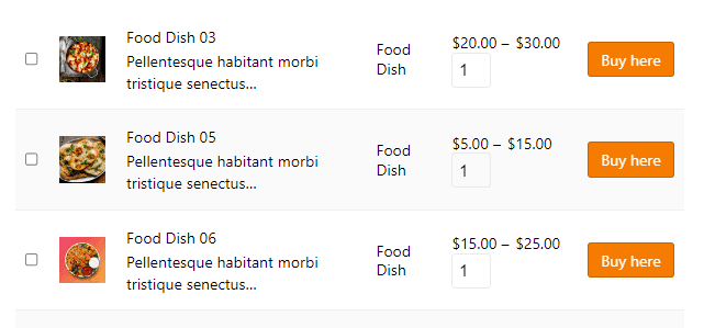 result restaurant food table in new page