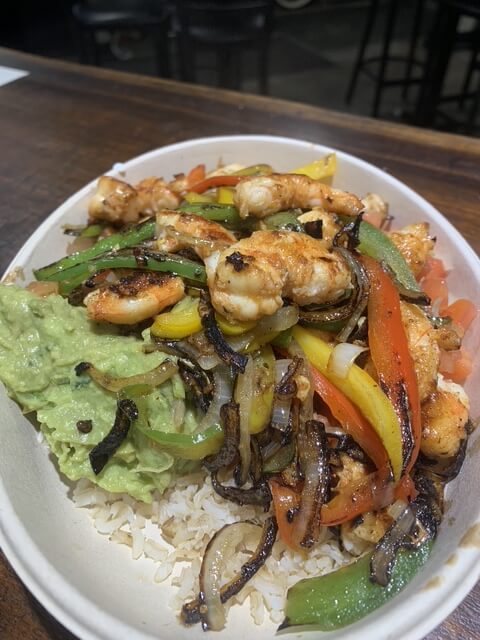 shrimp topped rice bowl