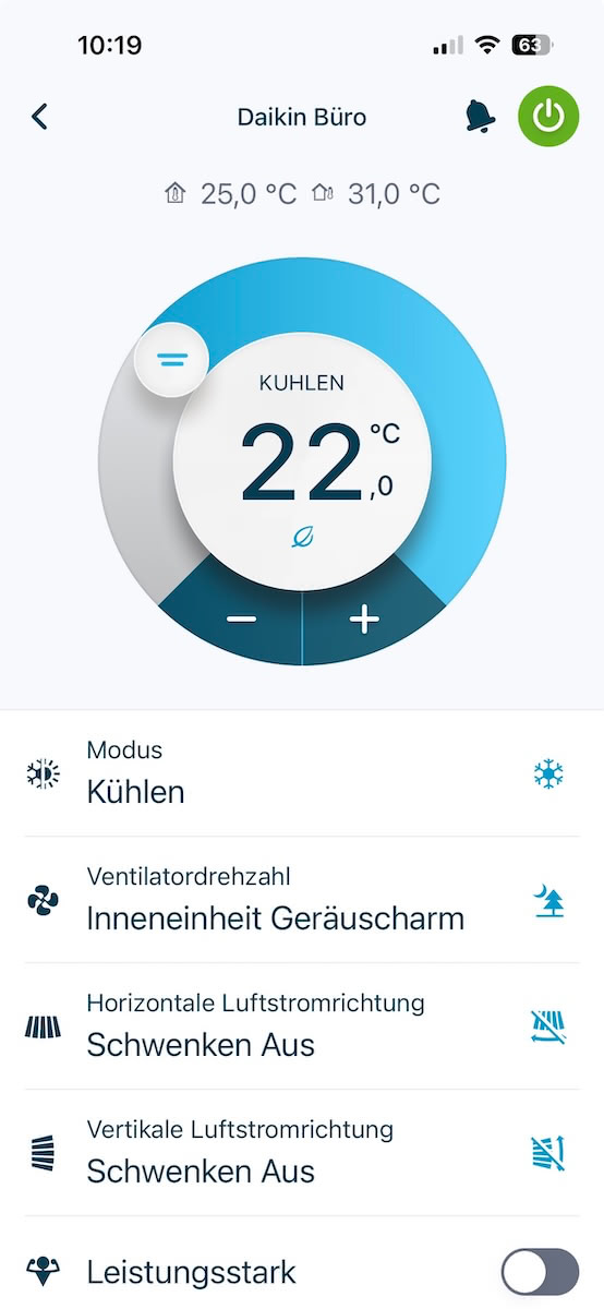 Daikin Onecta App mit Temperaturregler auf 22 Grad und aktivem Kühlmodus