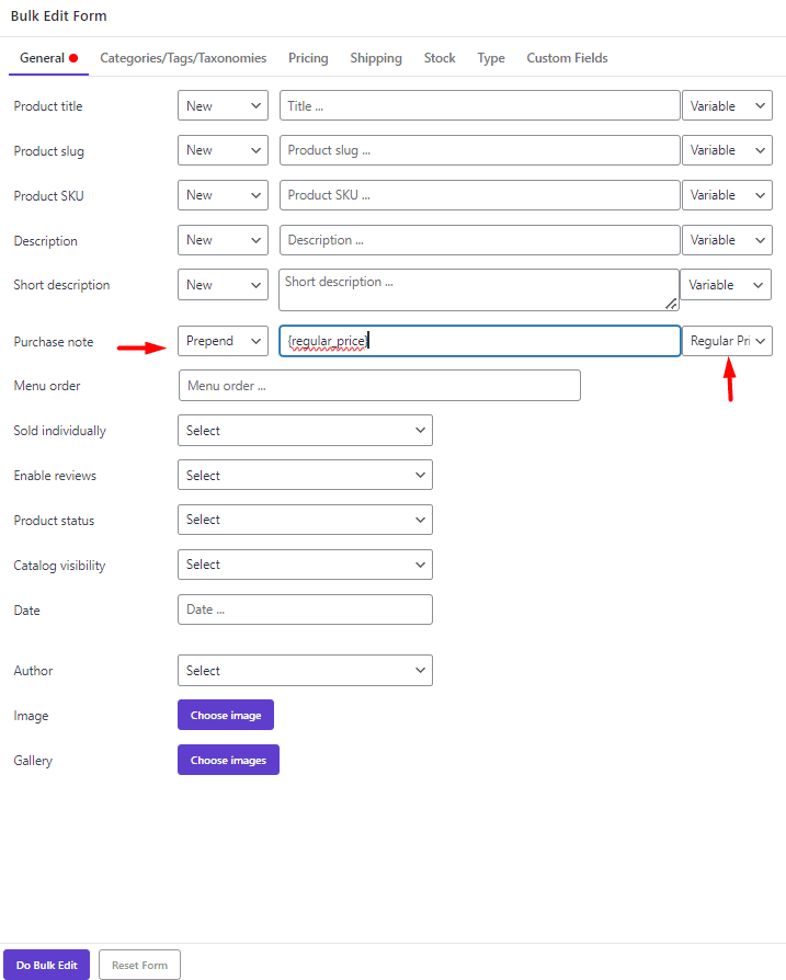 select regular price for purchase note in Bulk Edit form
