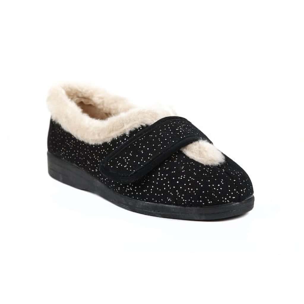 Selina Black Sparkle Ladies Extra Wide Slippers