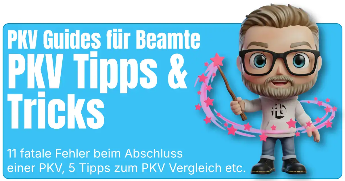 Blaues Beitragsbild mit großer weißer Überschrift ‚PKV Tipps & Tricks‘; rechts steht das Maskottchen von fairbeamtet.de im Hoodie und schwingt einen Zauberstab, umgeben von pinken Sternen und einem magischen Bogen – symbolische Darstellung für clevere Tricks und praktische Spartipps zur privaten Krankenversicherung für Beamte.