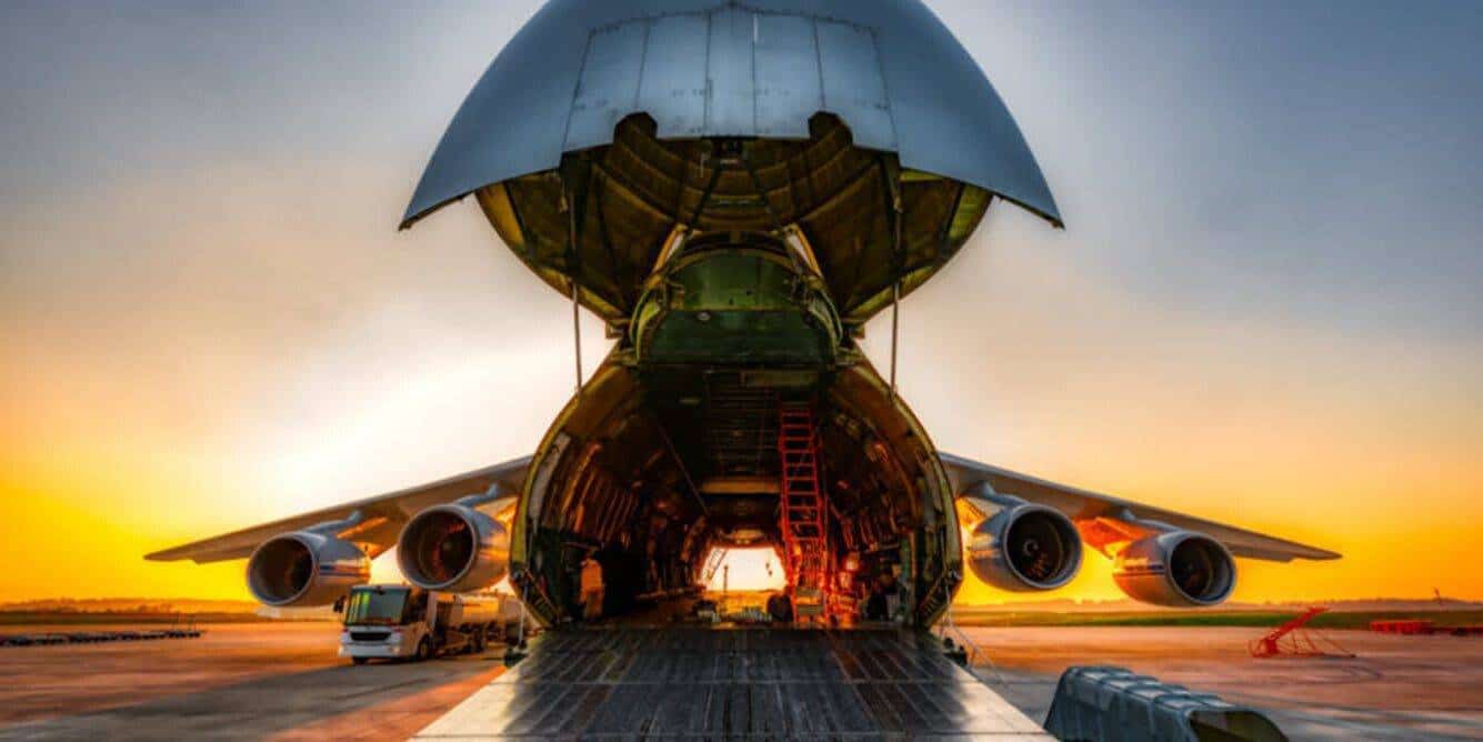 Noseloader freight aircraft Noseloader cargo aircraft open in sunset