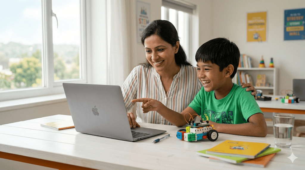 Parent and child exploring a summer coding program for kids together online