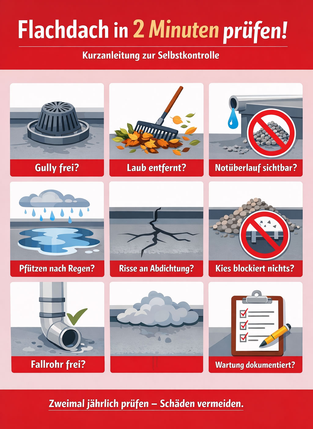 Flachdach nach Starkregen prüfen