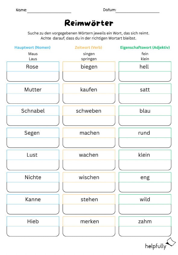 Arbeitsblatt mit Wortreimen nach Wortarten zum Ausdrucken