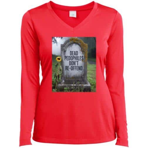 Hot coral V-neck tee featuring a tombstone graphic that reads "Dead Pedophiles Don't Re-Offend." A sunflower leans against the stone in a somber graveyard setting. Anti-pedophile apparel.