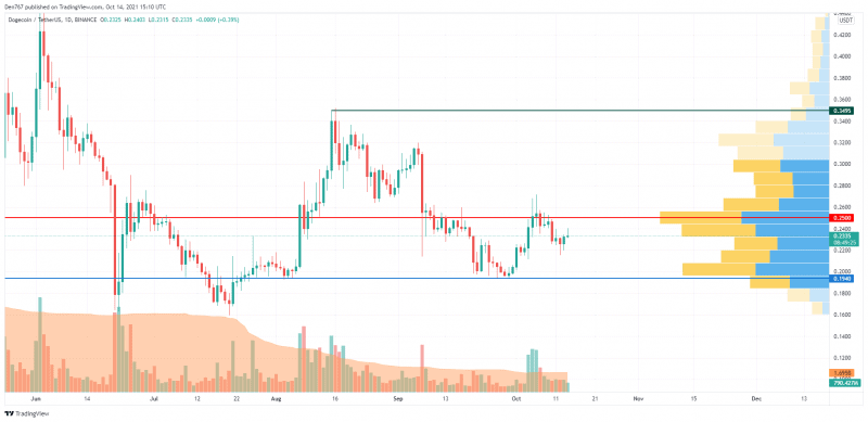 BTC, ADA, DOGE and SHIB Price Analysis for Oct 14 11 DOGE/USD Chart by Trading View