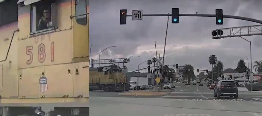 A freight train is speeding through the railroad crossing at Beach Boulevard in Buena Park. The green light allowing vehicle traffic remains on, and the crossing gate, which should block vehicles, is raised. Upon seeing the train, Hannah Song’s vehicle came to a sudden stop. The freight train engineer (left) looks outside with a surprised expression.