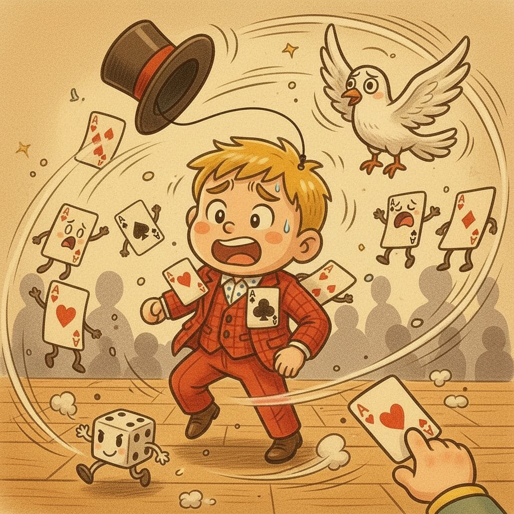 金沢市の幼稚園でマジックショー!新人の成長とプロ18年目の気づき【石川県出張】 4 赤いスーツのマジシャンが強風に戸惑いながらマジックショーを公演しているイラスト