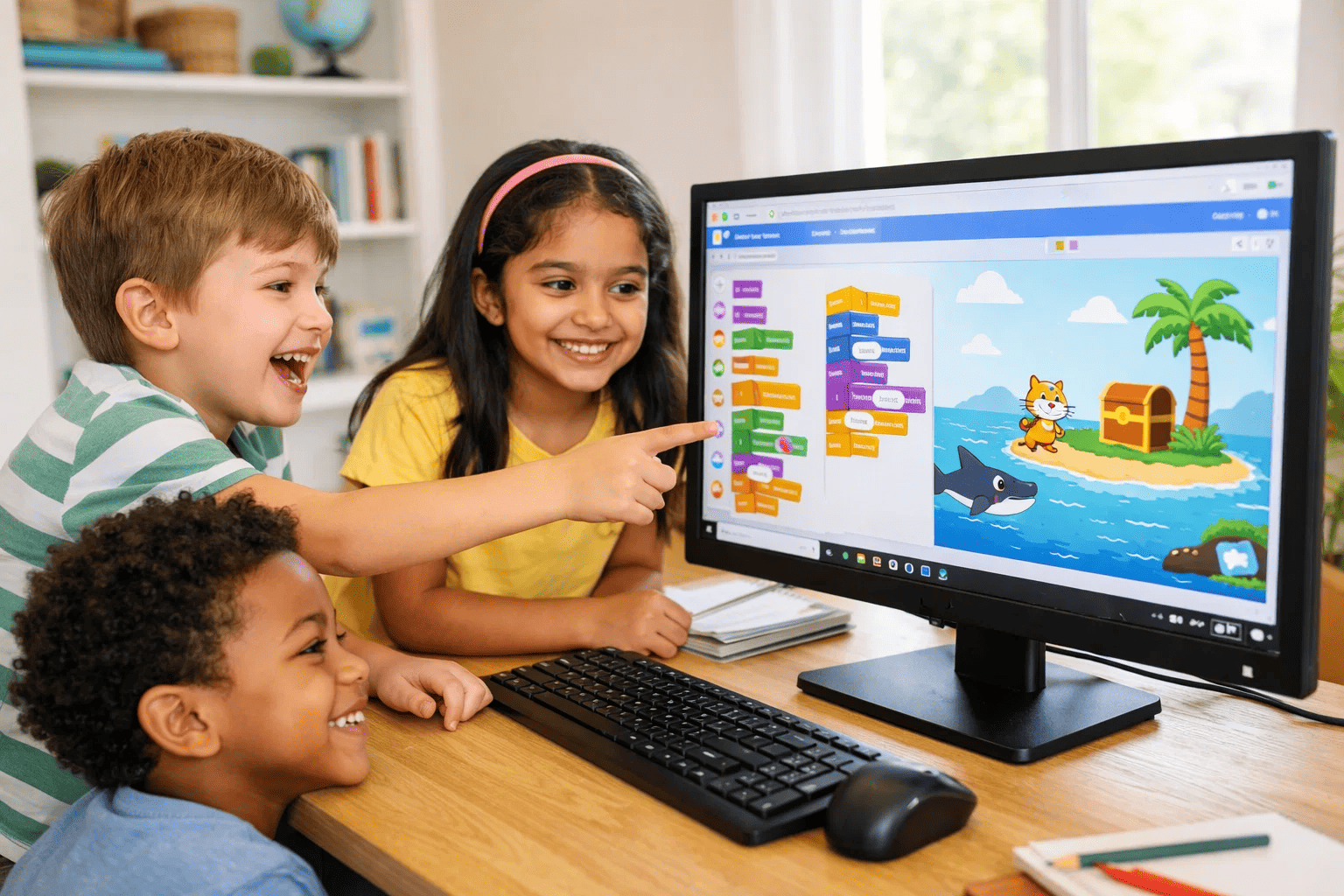 Group of young children excited about their Scratch animation project on a classroom monitor