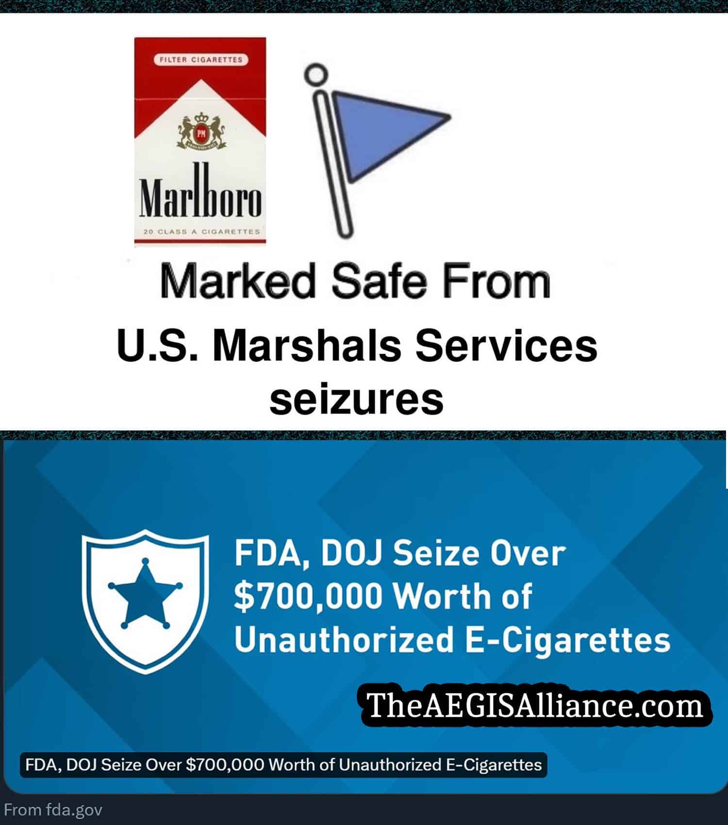 A pack of Marlboro cigarettes with a flag graphic above, stating "Marked Safe From U.S. Marshals Services seizures". Below, an FDA and DOJ graphic announces the seizure of over 0,000 worth of unauthorized e-cigarettes, highlighting the impact of the FDA ban on the vape industry.