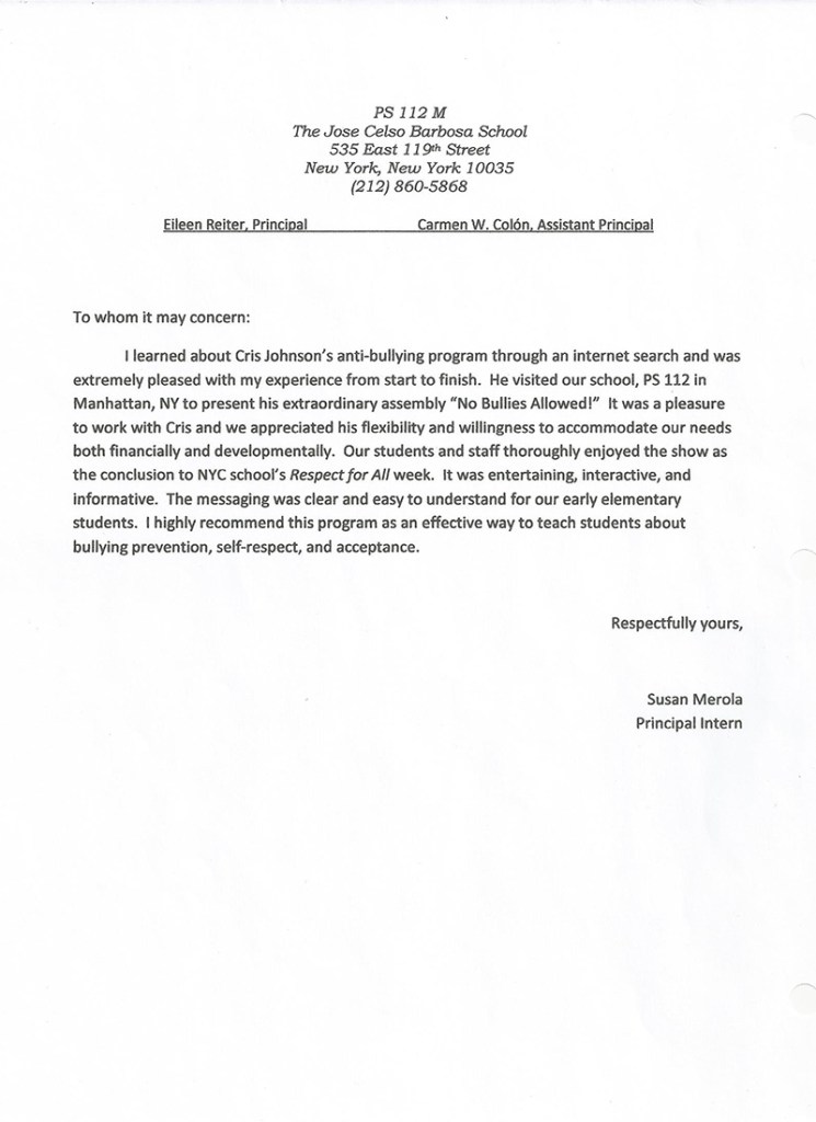 testimonial letter for primary elementary and middle school assembly performer Cris Johnson