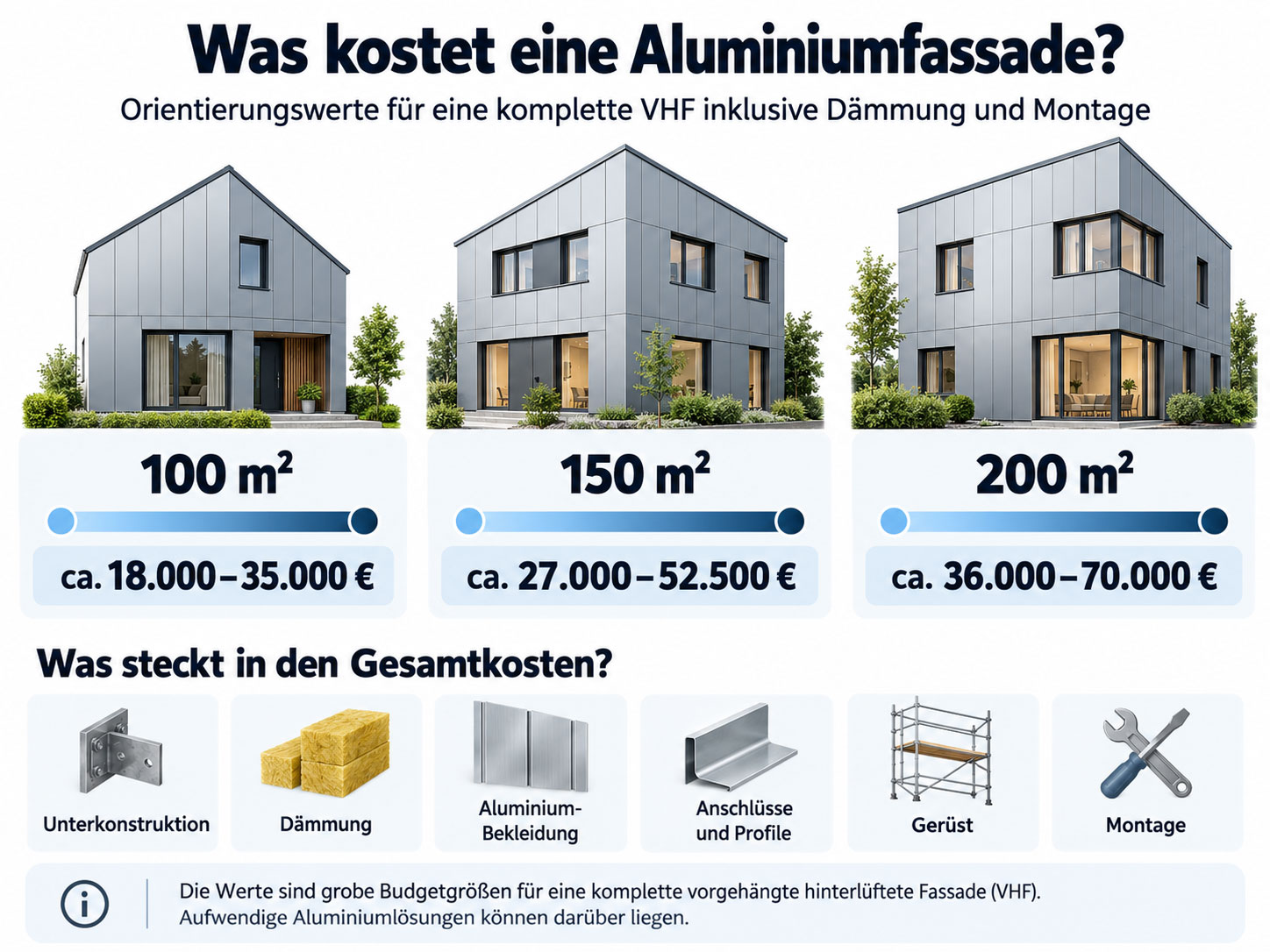 Kostenübersicht für Aluminiumfassaden mit Beispielpreisen für 100, 150 und 200 Quadratmeter Fassadenfläche.
