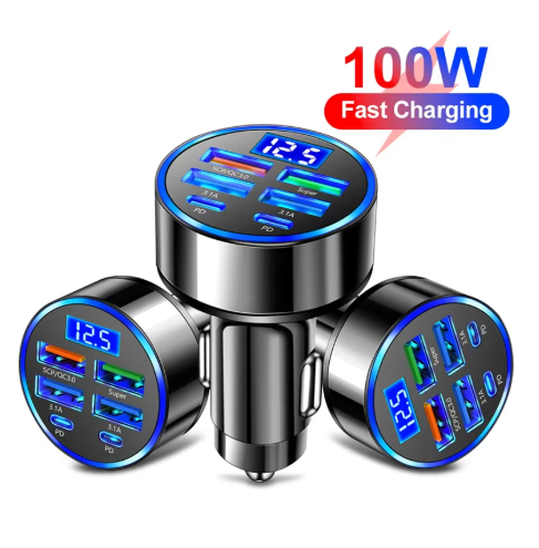 100W 6 Ports Car Charger Fast Charging PD QC3.0 USB C Car Phone Charger Type C Adapter in Car For iPhone Samsung Huawei Xiaomi