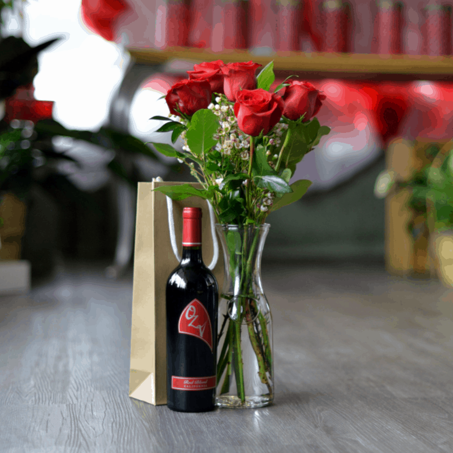 Half Dozen Red Roses with a Bottle of Wine