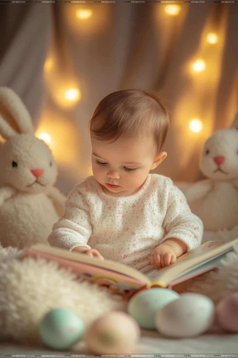 Home Easter Baby Photoshoot Cute baby reading a book with fairy lights