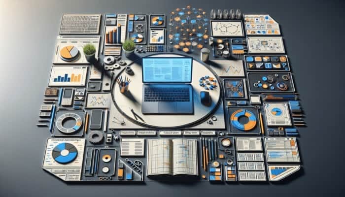 Laptop showing PPC campaign dashboard with charts and keyword lists organized into thematic ad groups.