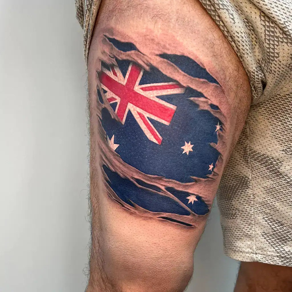 Perica Tätowierer Australische Flagge Tattoo auf Oberschenkel - München