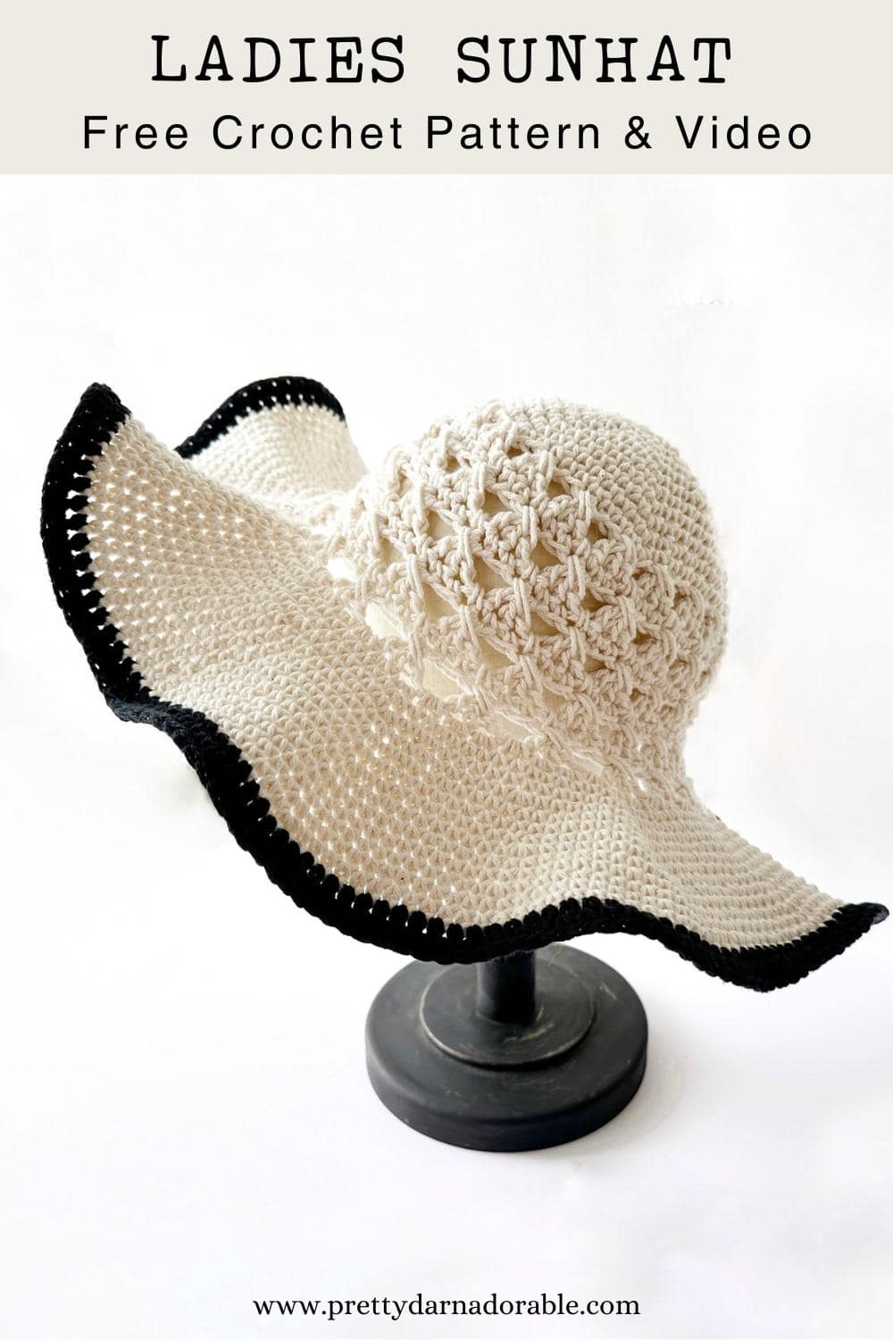 crochet ladies sun hat in cream cotton with wide brim with black trim