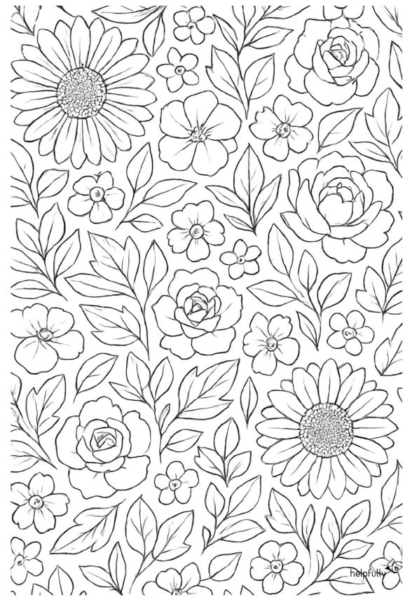 Schönes Malbild mit Allover Blumen und Blättern zum Ausdrucken