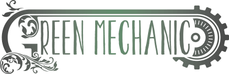 Panneau "Green Mechanic" illustrant un logo industriel vert, symbolisant la réparation et l'entretien mécanique écologique, idéal pour les services de mécanique verte ou durable.